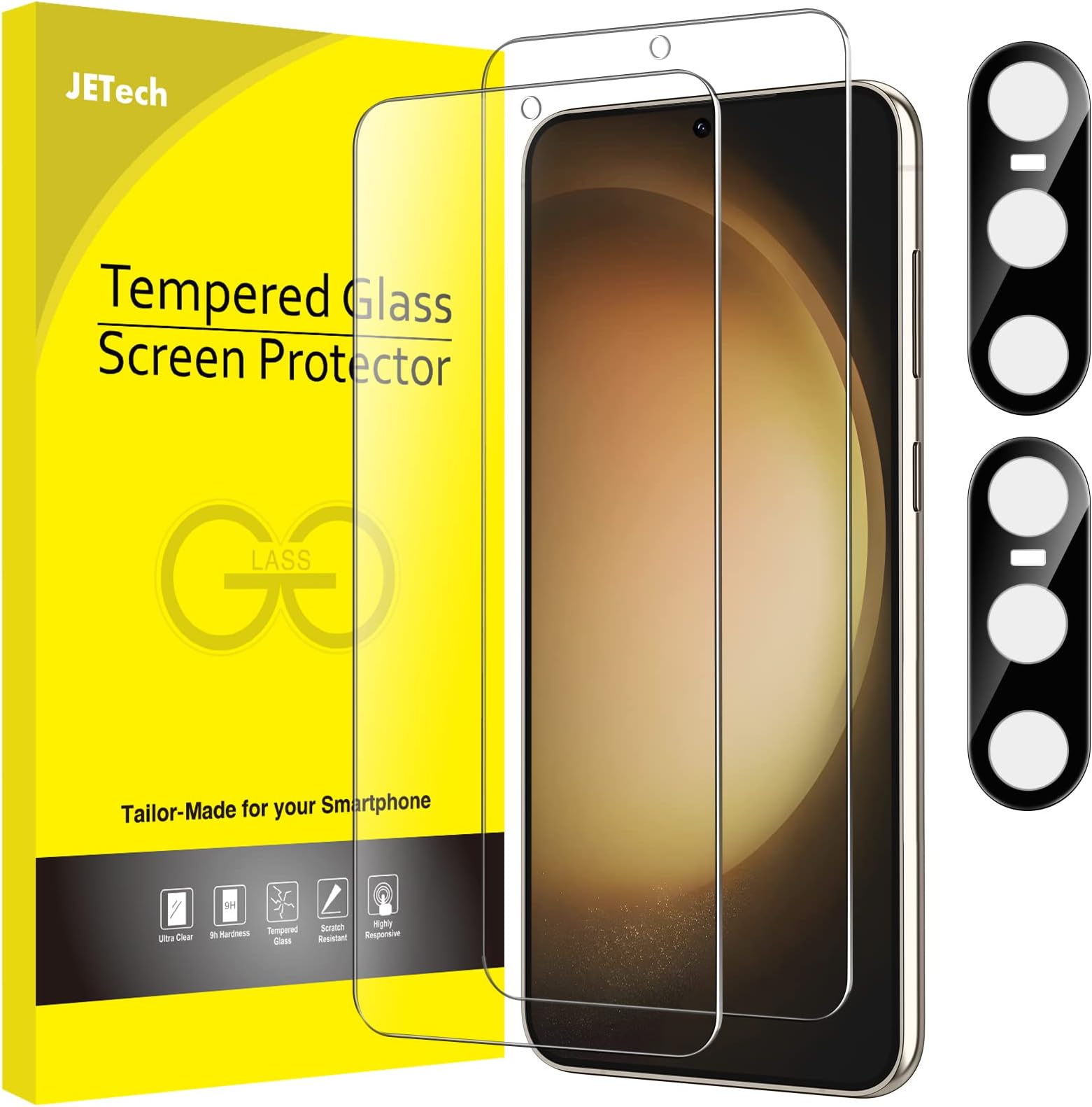 JETech Screen Protector for Samsung Galaxy S23 5G 6.1-Inch with Camera Lens Protector, Tempered Glass Film, Fingerprint ID Compatible, HD Clear, 2-Pack Each