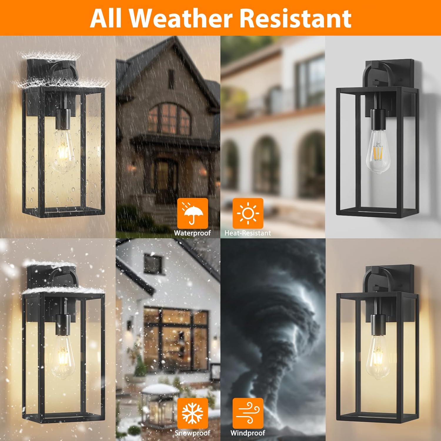 16Inch Outdoor Wall Light Fixture, E26 Outside Lights for House, Waterproof Black Exterior Light Fixtures, Modern Front Porch Lights with Clear Glass for Front Door Coach Garage, Pack of 2