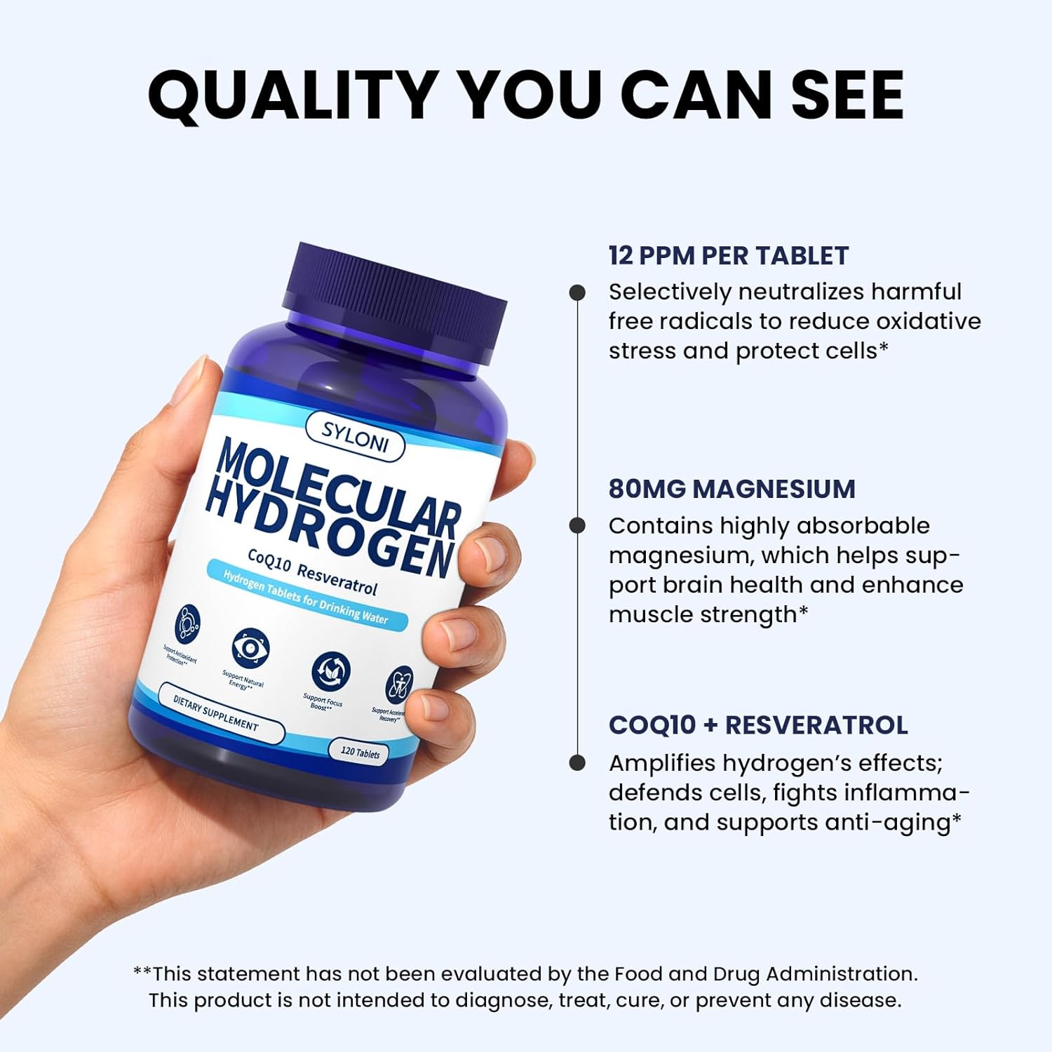 Hydrogen Water Tablets with Magnesium, 12 PPM Hydrogen Tablets for Drinking Water, H2 Molecular Tabs - Cellular Health Support, Mental Clarity, Rich in Antioxidants & Healthy Aging, 120 Servings