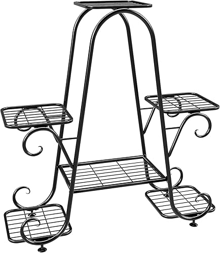 Soporte para plantas de metal de 6 niveles para plantas de interior y exterior, estante alto de hierro de múltiples niveles, estante negro para