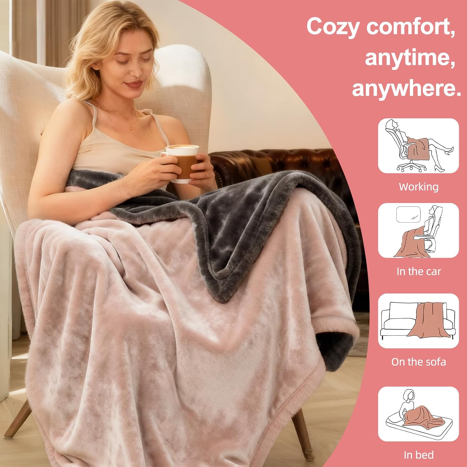 Electric Heated Blanket Throw 50" x 60" Soft Dual-Sided Flannel Fast Heating 12 Heat Levels 1–12H Timer & Overheat Protection & Auto Shut-Off & Machine Washable (Peach Pink & Gray) - Image 5