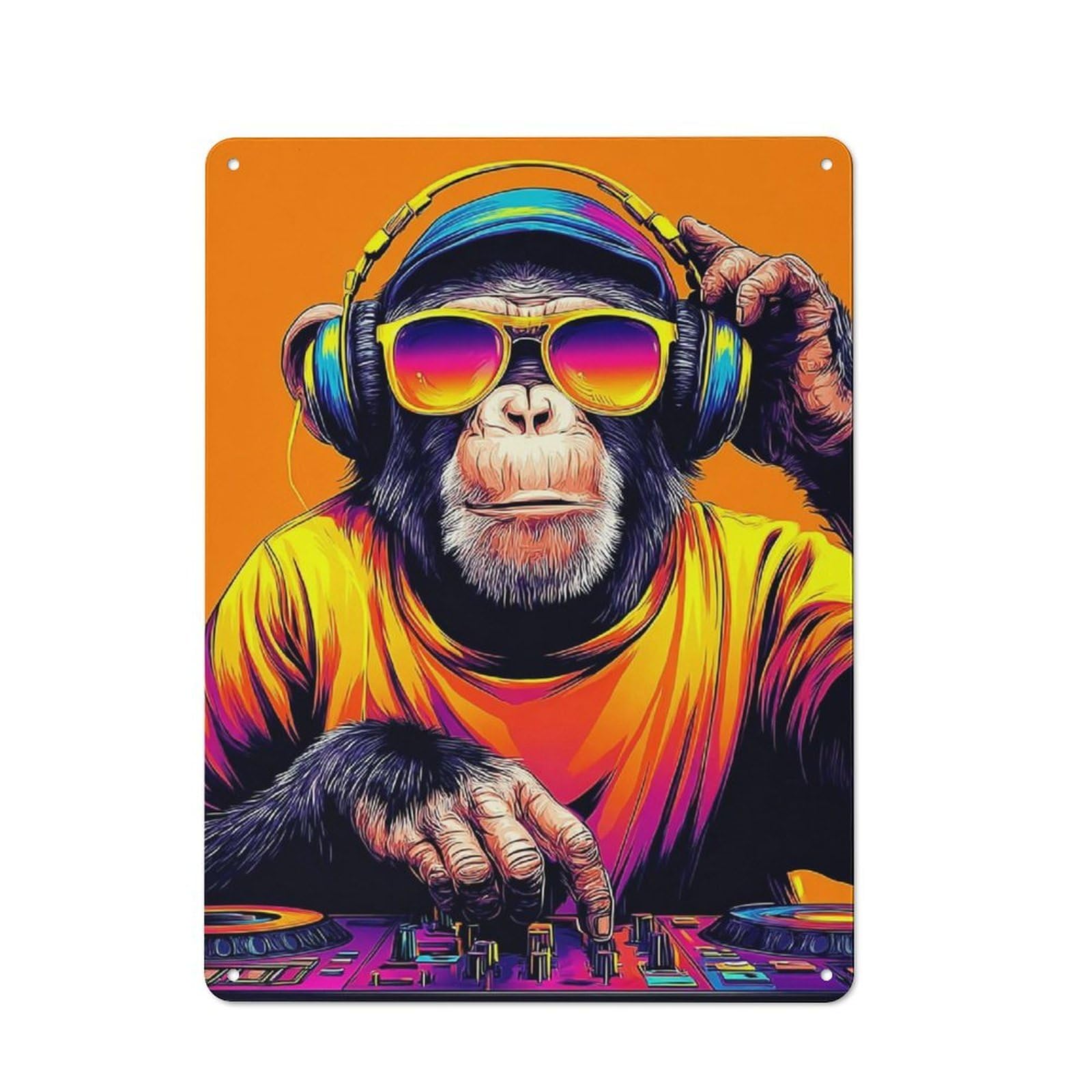 Junmoney Chimp Dj In Neon Lights Metal Plaque With Design 40X30cm, Cosy Diner Style Decor For Coffee Bar, Kitchen, Bistro Or Tea Corner
