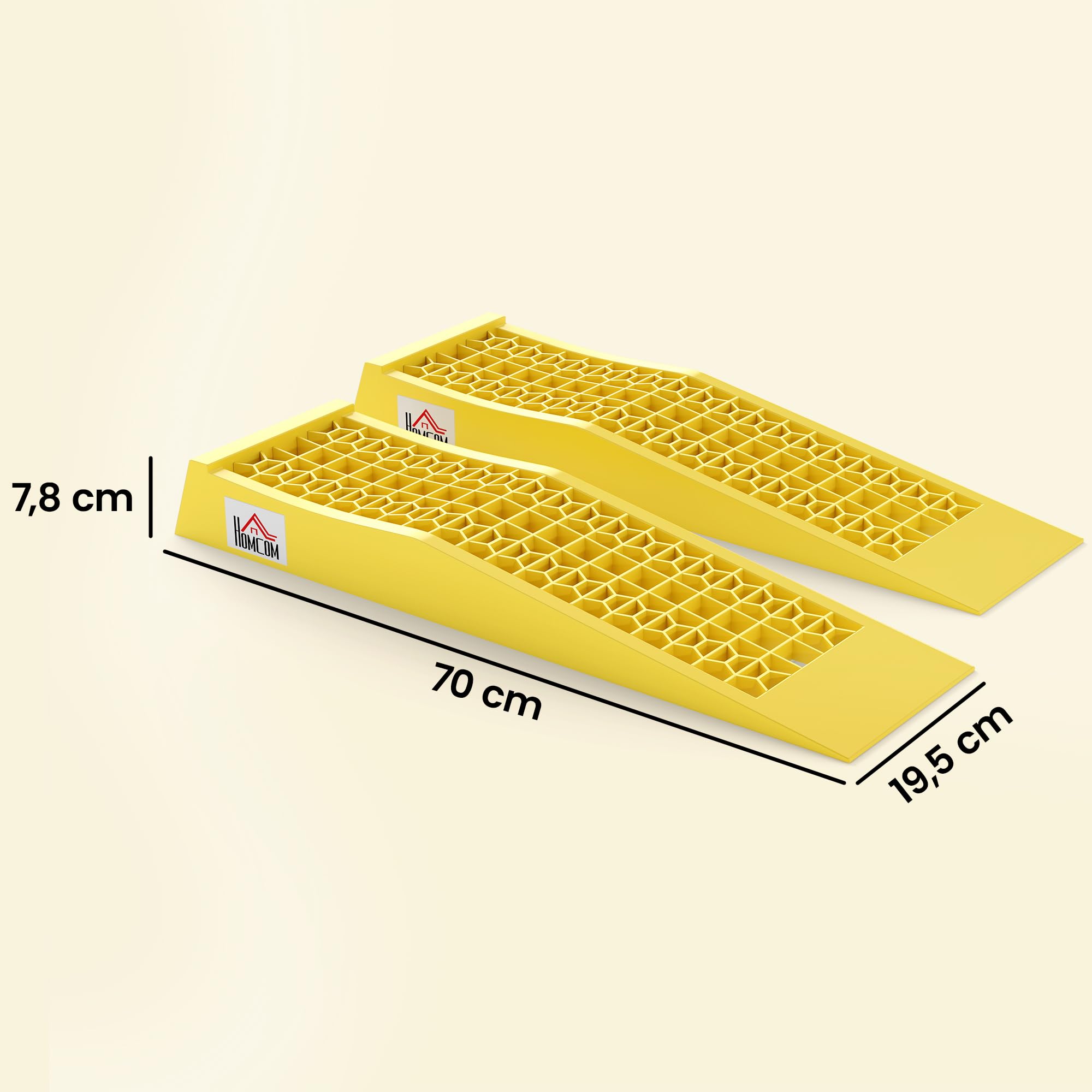 HOMCOM - Juego de 2 rampas para Coche utilitario Rampa de Carga Pesada 3T Caravana Camping-Car Dim. 70 x 19,5 x 7,8 cm, PP, Color Amarillo