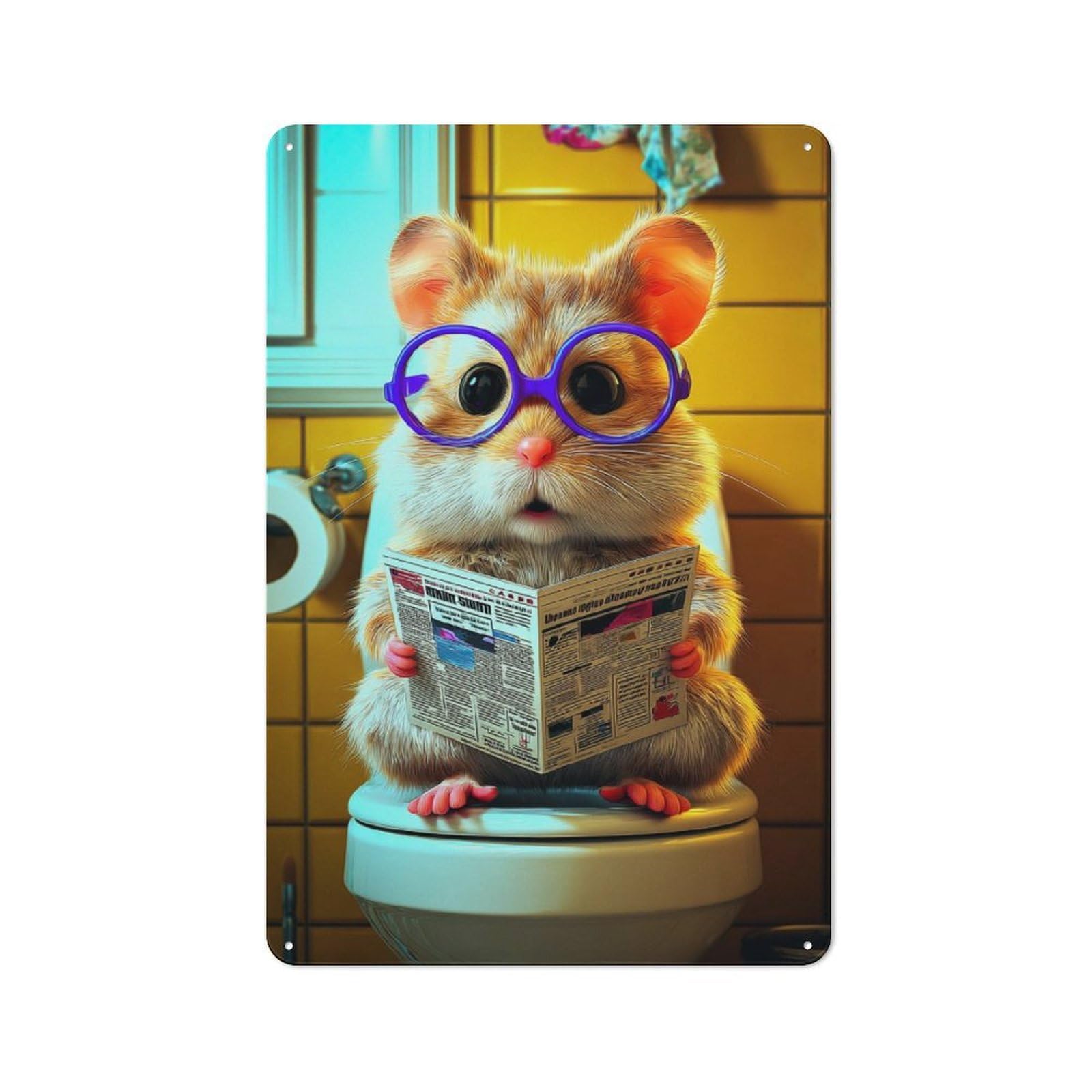 Junmoney Hamster Reading Newspaper On Toilet Retro Metal Sign 30X20cm For Hobby Room Or Studio, Autumn Wall Decor For Creative Interior Collectors