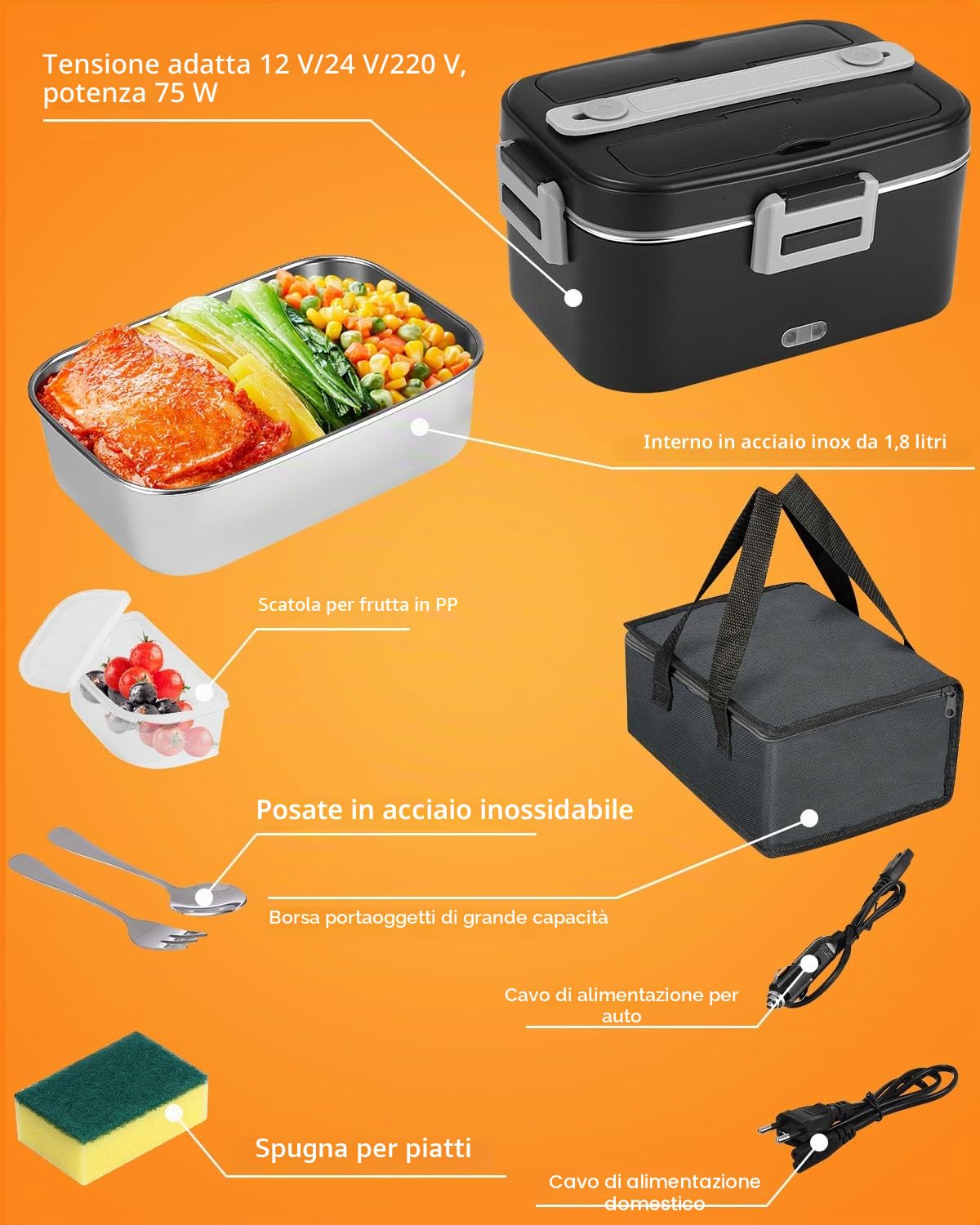 Scaldavivande Elettrico Portatile, 12V 24V 220V Porta Pranzo Riscaldabile, 1,8L Schiscetta Pranzo Riscaldabile, Portavivande Elettrico Portatile per Auto Camion e Ufficio, Nero