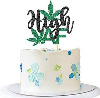 Dope Theme Birthday Cake Topper - High AF Cake Decor - Marijuana 420 Birthday Party Decoration - Black & Green Glitter