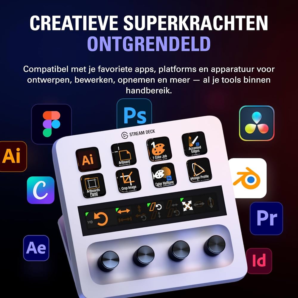 Elgato Stream Deck + branco, mixer de áudio, produção ao vivo e
