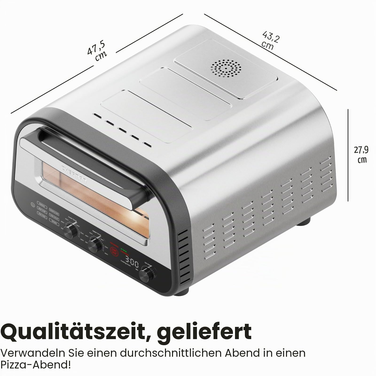 CHEFMAN Pizzaofen für den Innenbereich – macht 30,5 cm große Pizzas in Minuten, erhitzt bis zu 426.7 °C – Elektrischer Pizzabereiter mit 5 Touchscreen-Voreinstellungen, Pizzastein und Schäler im