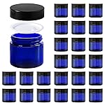 2oz Jars with Lids, Hoa Kinh 24 Pack Blue Glass Jars with Lids Empty Cosmetic Containers Round Airtight Glass Jar with Inner Liners and black Lid for Storing Lotions, Powders, and Ointments