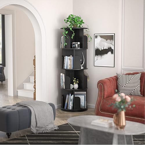 Miniatura 30 de Aheaplus Estantería giratoria, estantería esquinera de 360 exhibiciones para espacios pequeños, estante de almacenamiento de pie de 4 niveles, Negro