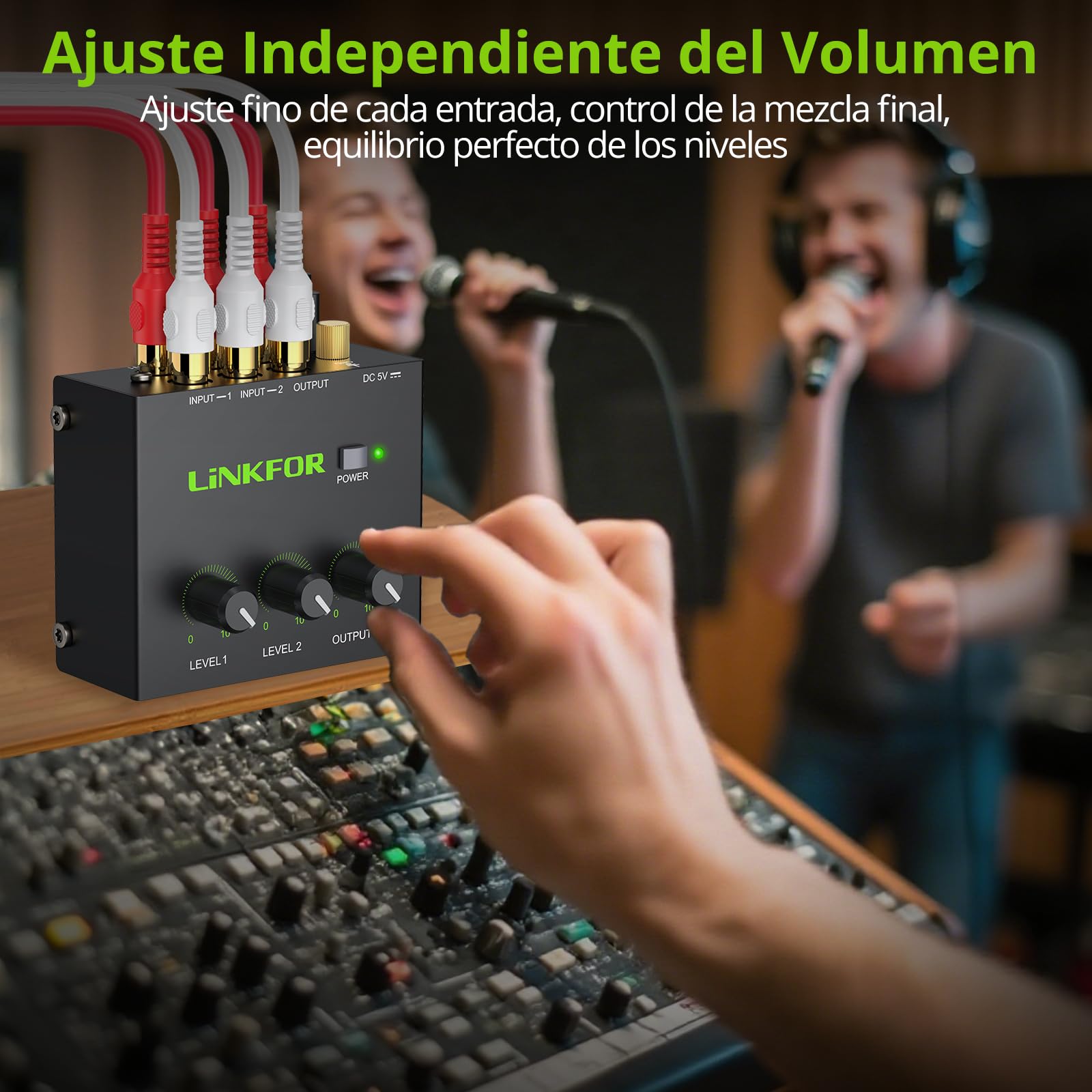 LiNKFOR Mini Mezclador de Audio RCA de 2 Canales,Mezcla de Sonido con Adaptador de Corriente Soporta Control de Volumen para PC/Altavoz/Amplificador