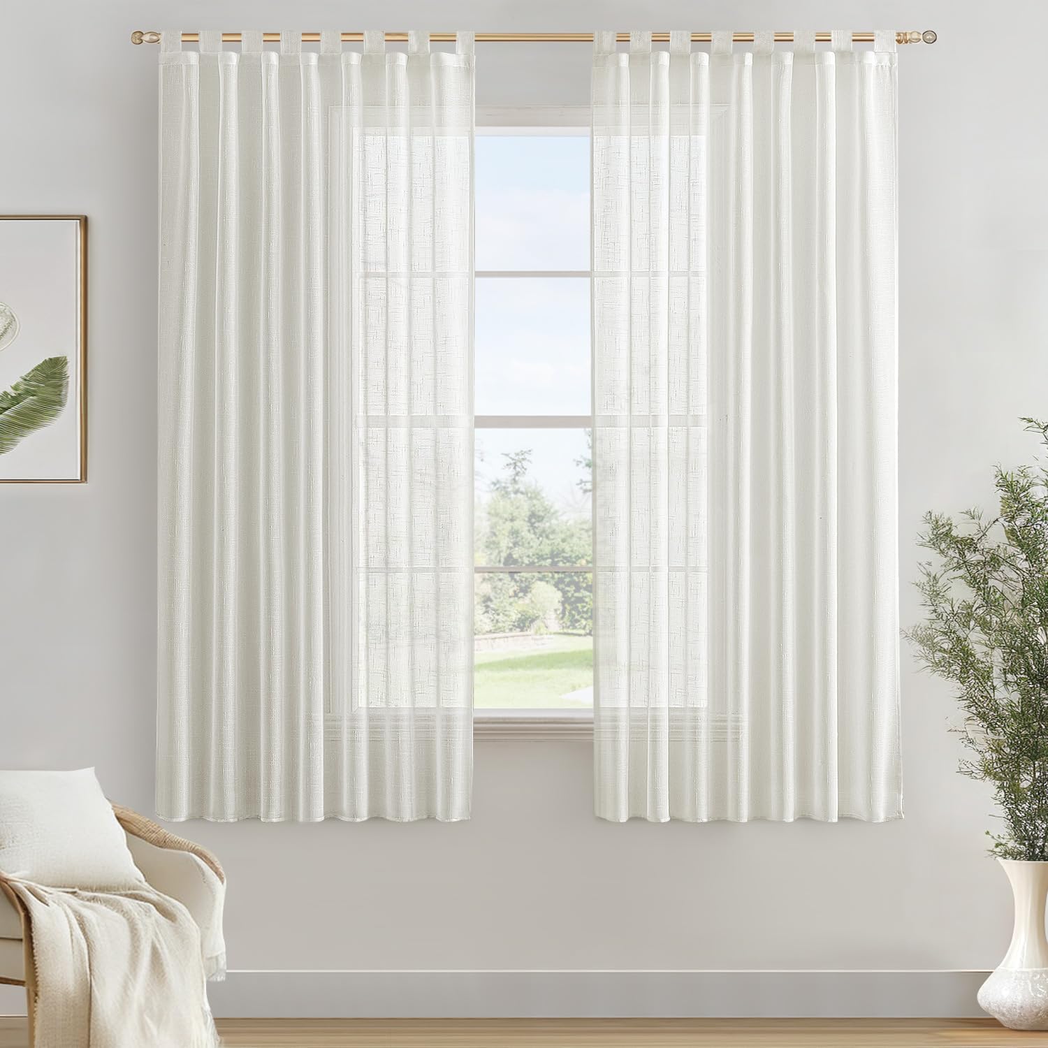 MIULEE 2 Piezas Visillos Cortinas Translucida Efecto Lino con Trabillas para Salón Ventana Habitación Dormitorio 140x160cm，Blanco