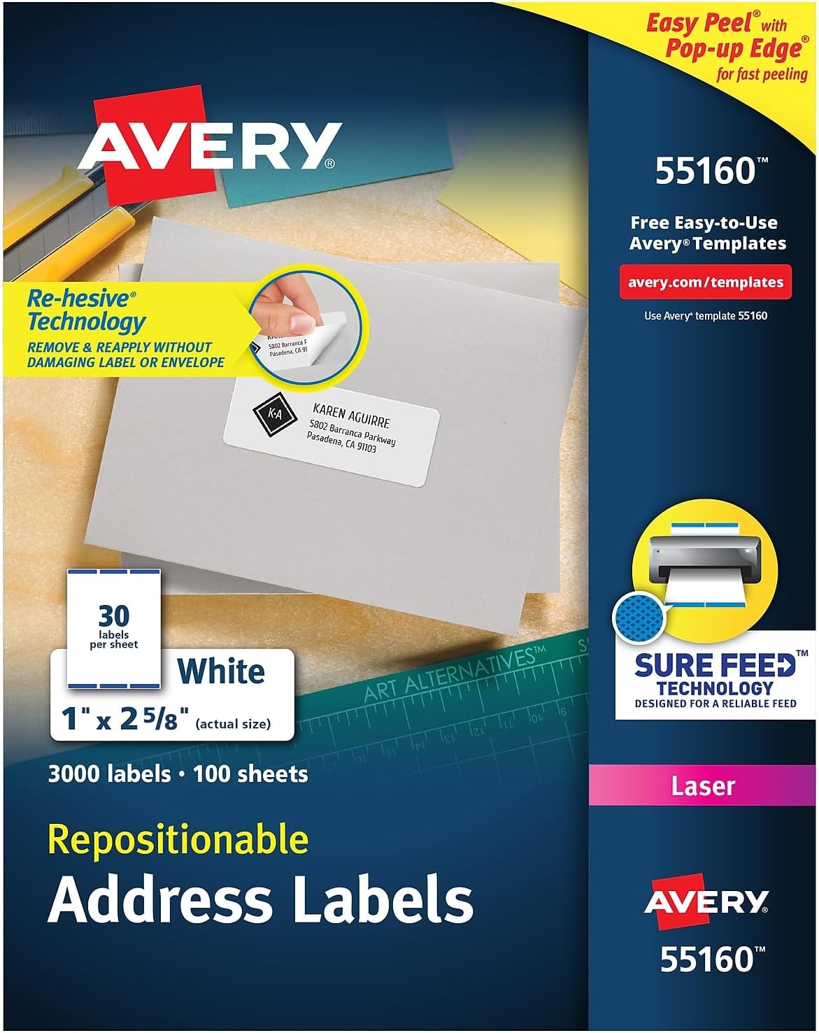 Easy Peel White Address Labels w/ Sure Feed Technology, Laser Printers, 1 x 2.63, White, 30/Sheet, 100 Sheets/Box