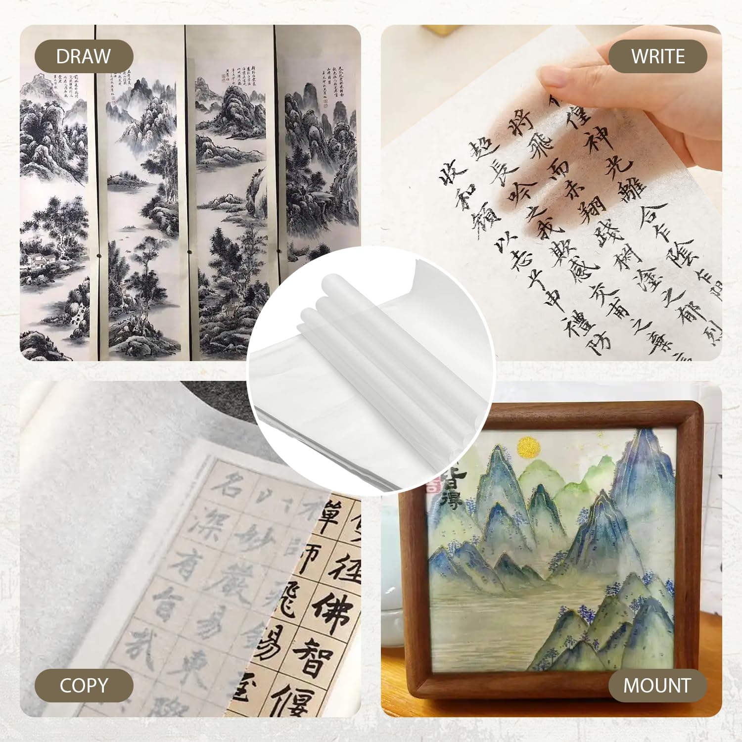 100 Sheets White Rice Paper, Cicada Wing Texture - Bamboo Pulp Handmade Craft Paper, Semi-Raw for Chinese Calligraphy, Ink Painting & Art Projects (9.4x15.7 Inch) (White)