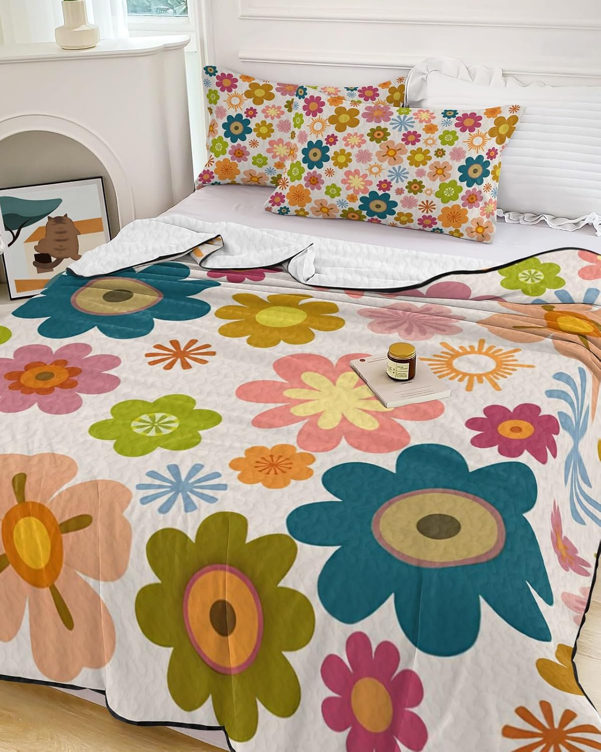 King Size Quilt Set, Colorful Flower Boho Style Lightweight Bedspread Coverlet Set Soft Microfiber Summer Quilt with 2 Pillow Shams, Retro Flowers 3 Piece Comforter Bedding Set