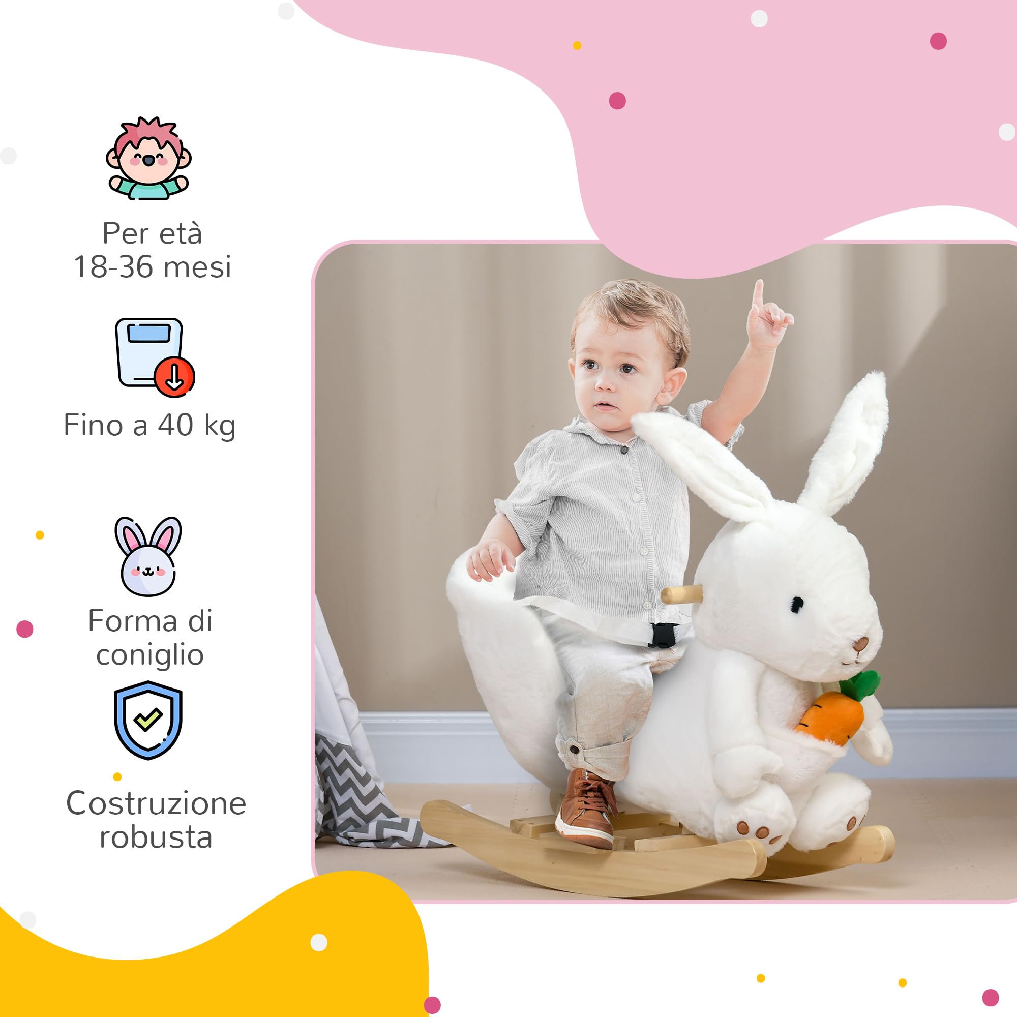 HOMCOM Cavallo a Dondolo per Bambini da 18-36 Mesi, Cavalluccio a Dondolo per Bambini Cavalcabile con Suoni Realistici, 60x33x50 cm, Bianco