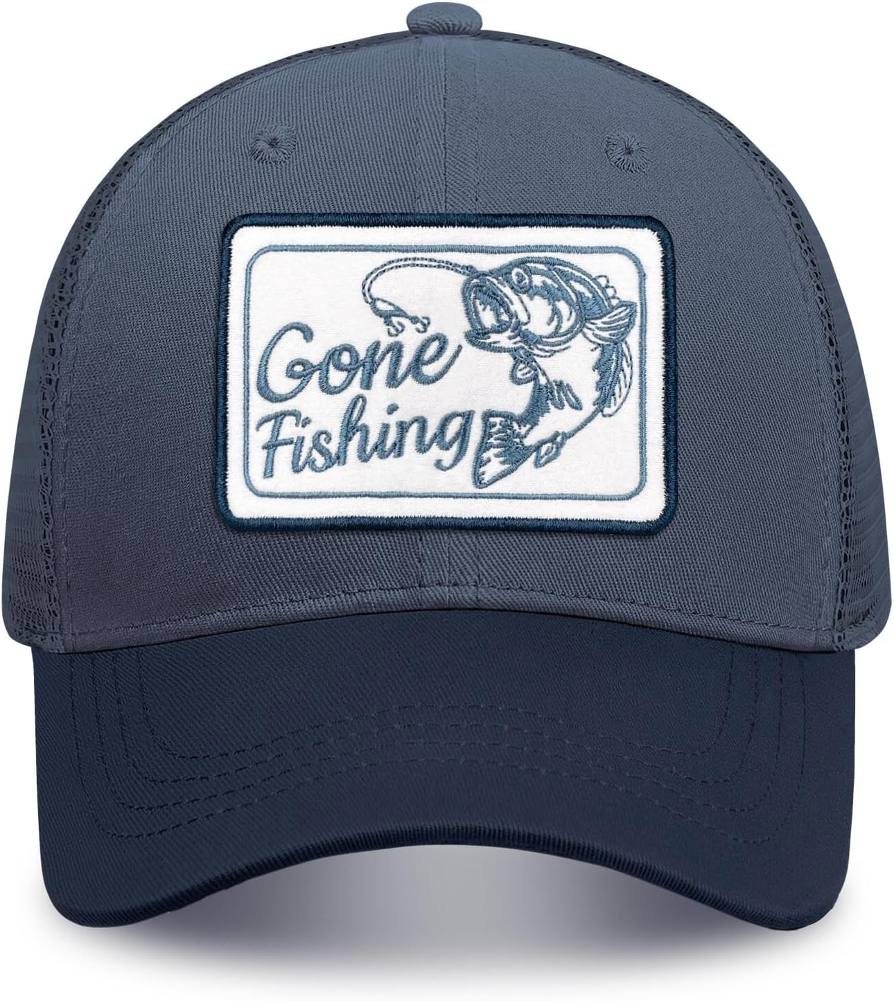 Fishing Gifts for Men Fishing Hat Embroidered Bass Fish Patch, Cotton, Blue, Trucker Hat - Image 3
