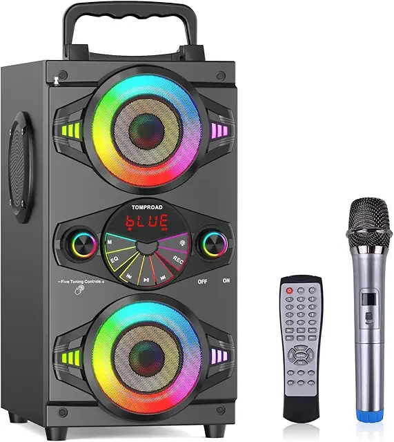 Imagen relacionada con Altavoces Bluetooth, Altavoz Bluetooth inalámbrico portátil de 60 W para fiestas en casa al aire libre con subwoofer, radio FM, luces LED coloridas, micrófono, control remoto y gran potente sonido est