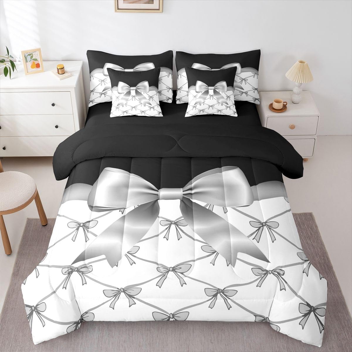 Feelyou Grey Bow 7 Piece Bedding Set Cute Ribbon Bow Comforter Set with Sheets for Kids Boys Girls Black Grey White Bed in a Bag Princess Style Bed Set Soft Lightweight