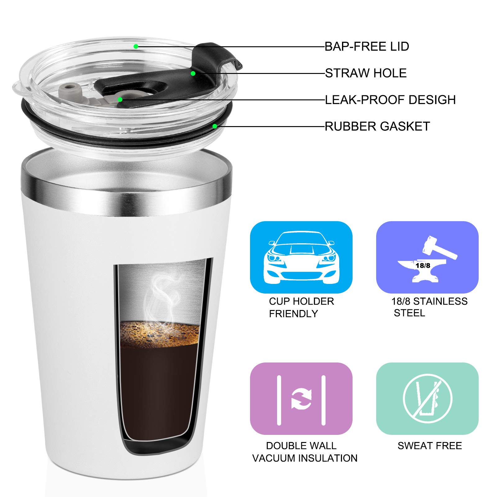 VEGOND 12oz Tumbler Stainless Steel Tumbler bulk Vacuum Insulated Double Wall Travel Tumbler with Lid and Straw Reusable Tumbler, White 1 Pack