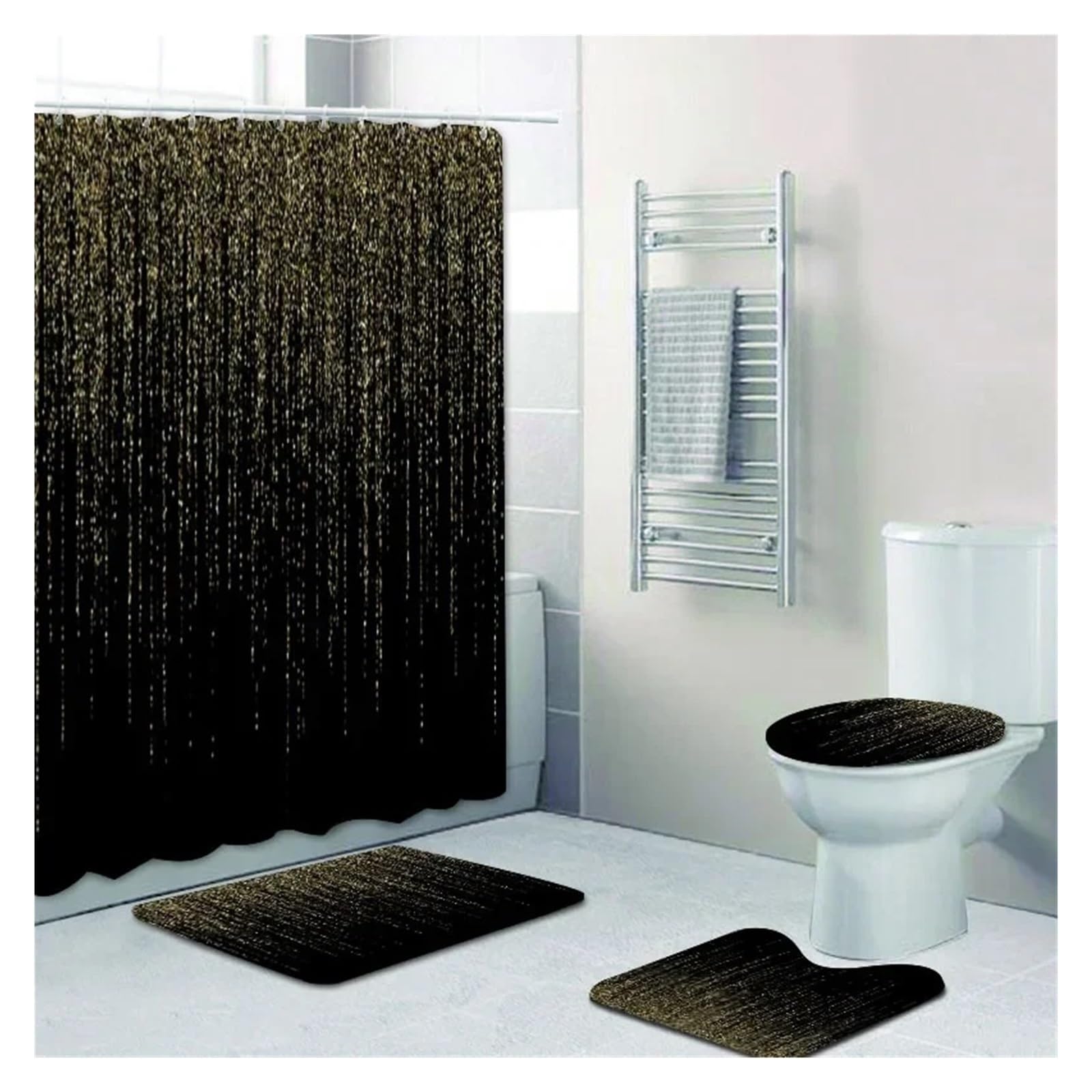 MZSKLW Shower Curtain Stylish Black Silver Falling Glitter Confetti Dust Bathroom Curtains Shower Curtain Set Grey Sparkling Bath Rugs Decor