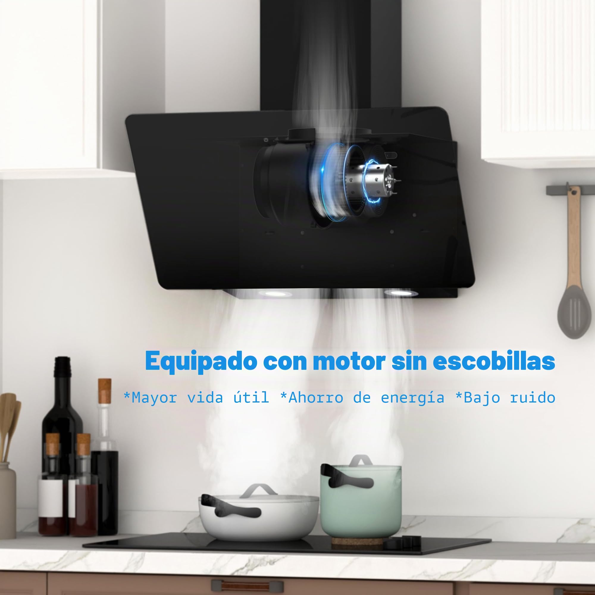 FIREGAS Campana extractora 60cm, Extractor inclinado, Motor sin escobillas, 3 velocidades, 332m³/h, LEDs, Recirculante y Extracción, Incluye filtro de carbón, Extractor de pared Negra