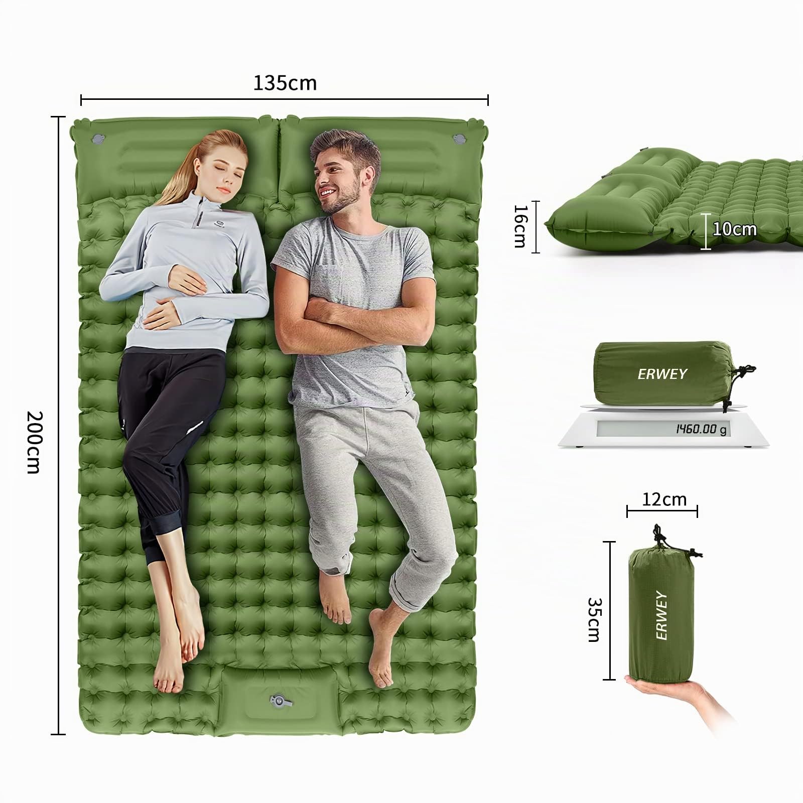 ERWEY Tapis de lit double auto-gonflable, 200 x 135 cm, matelas pneumatique ultra léger avec pompe à pied
