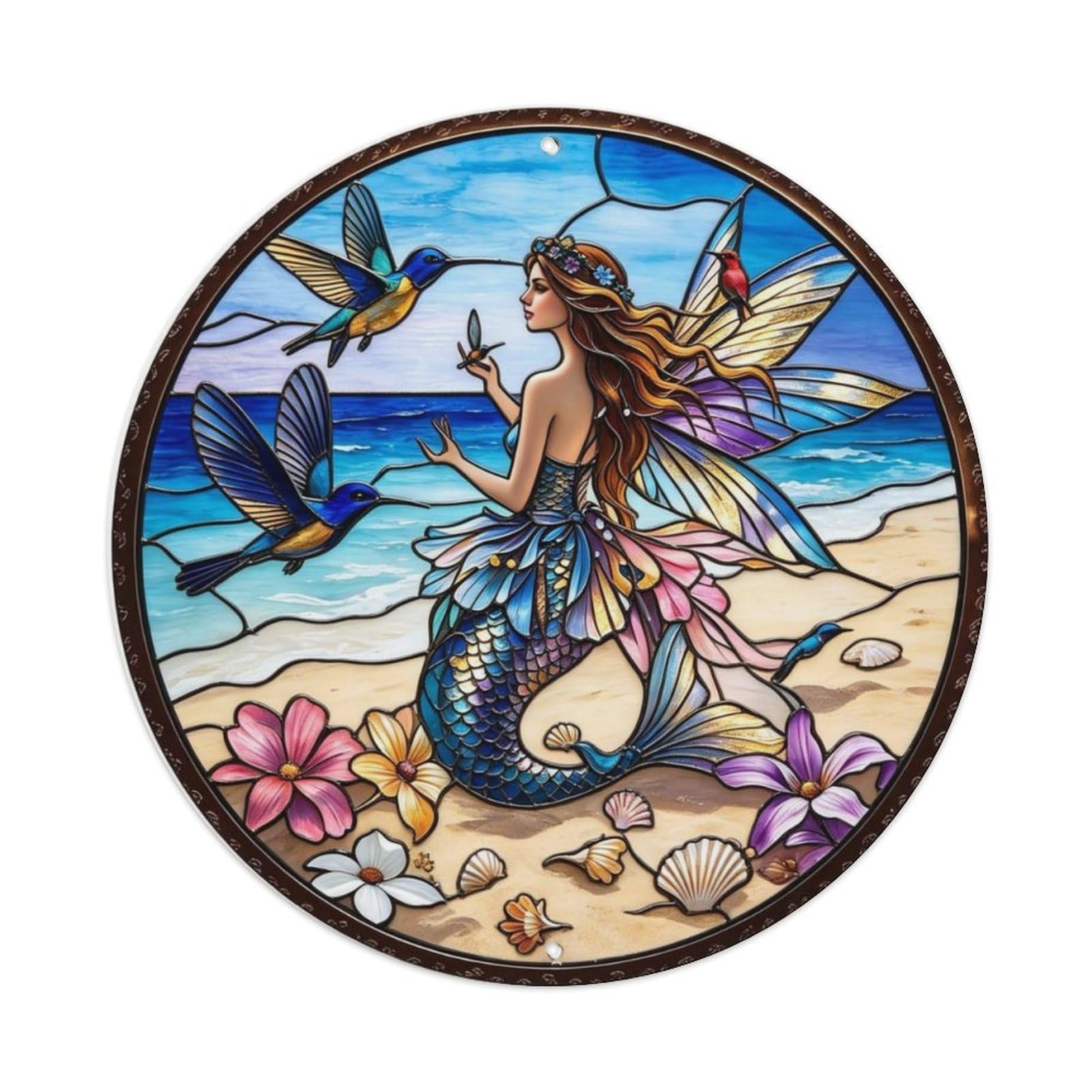 Mermaid with Seashells Sandy Beach Stained Glass Metal Tin Sign Plaque