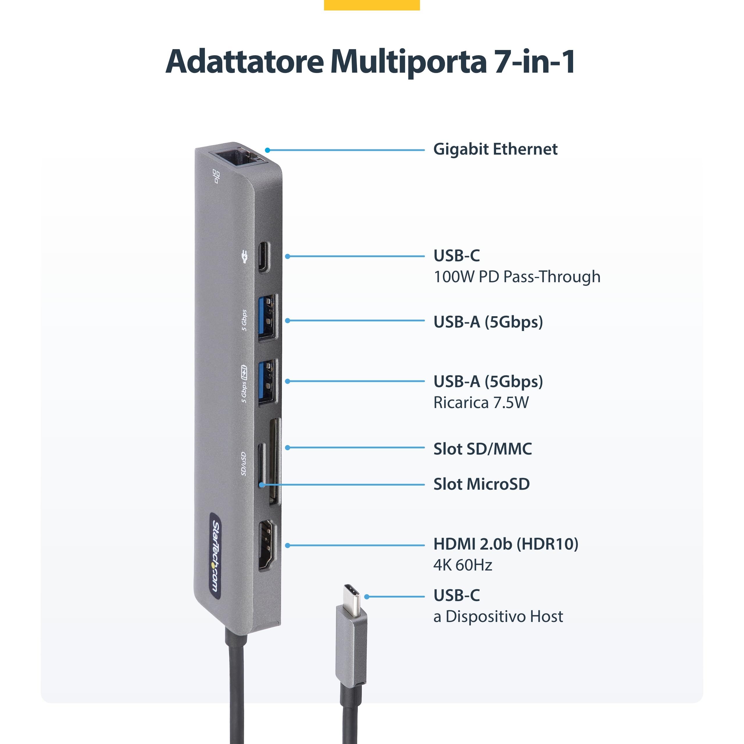 StarTech Mini Dock USB-C 7-in-1 HDMI 4K 60Hz, GbE, 2x USB 5Gbps, 100W PD | Hub USB 5Gbps, Cavo extra-lungo, Plug and play