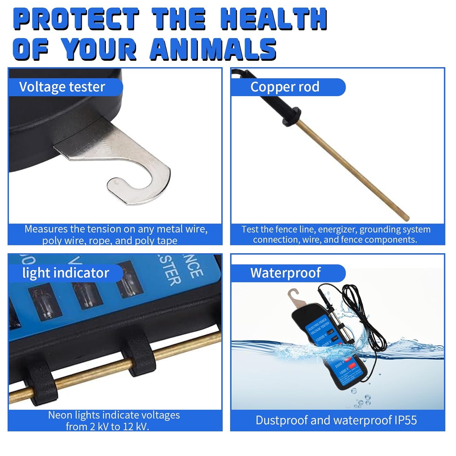 Electric Fence Voltage Tester, 10KV Digital Electric Fence Tester, Handheld Electric Fence Fault Finder, Farms Fault Troubleshooter with 8 Neon Indicator Lights