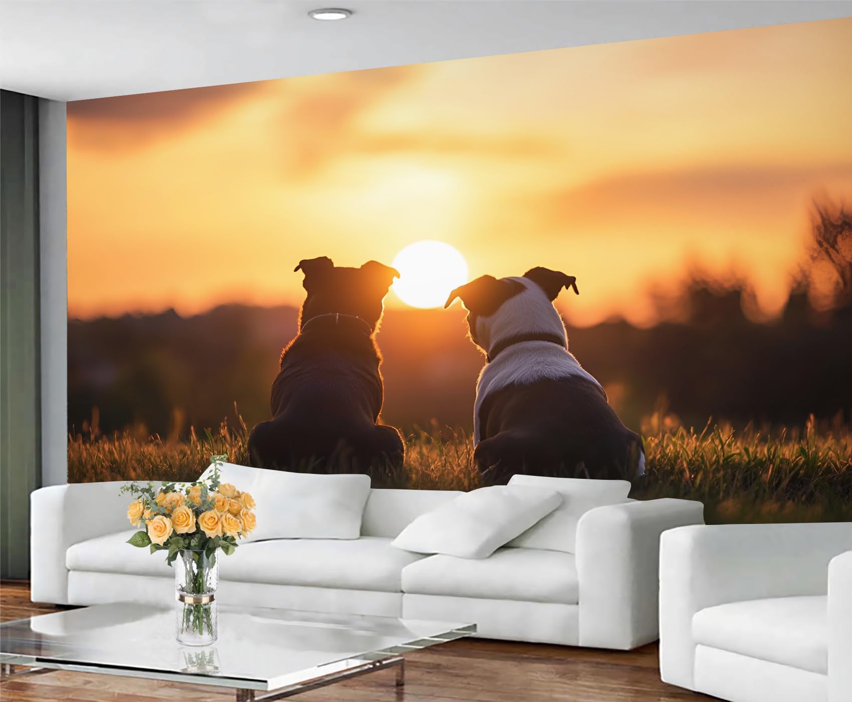 GIVLWF Wallpaper - Dog Print Home Decor & Mural, Sunset Landscapes Bedroom Wallpaper, Puppy Lover Wall Paper for Living Room, Large Wall Mural (Not Self-Adhesive)