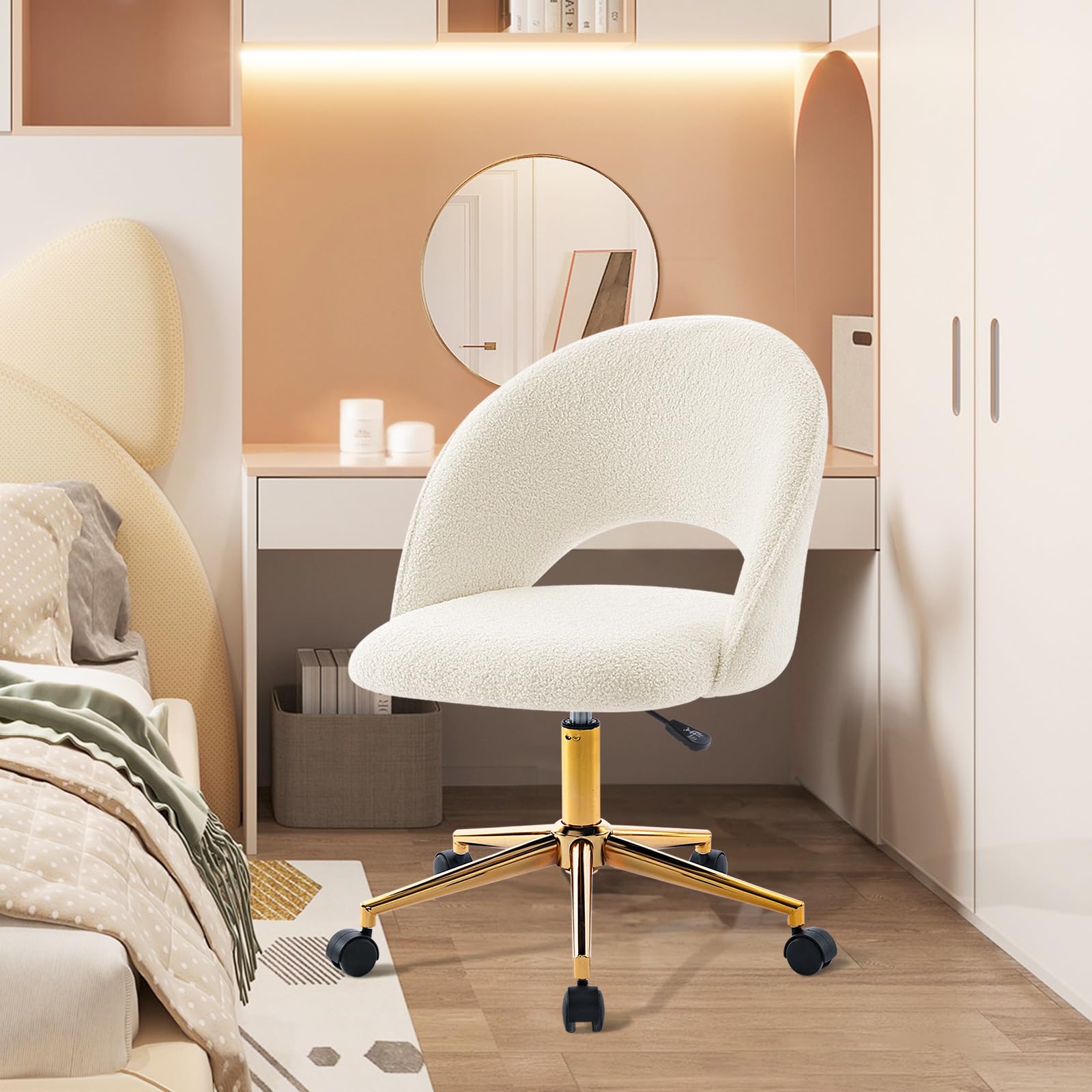 Hellove Bürostuhl mit goldenem Gestell, Schreibtischstuhl, Schminktischstuhl aus Sherpa, 360°Drehstuhl Höhenverstellba 135 kg belastbar für Wohnzimmer,Schminkzimmer,Schlafzimmer, Weiß