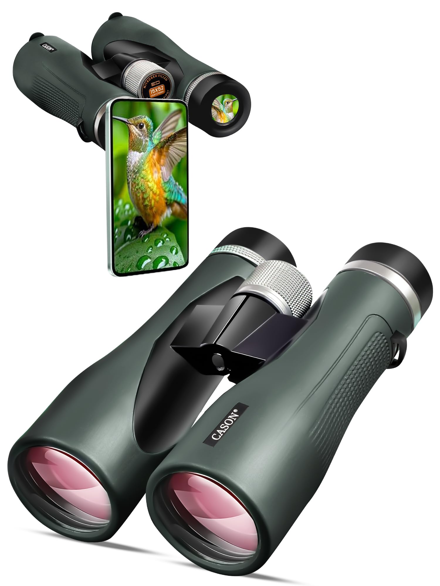 Cason ED Glass- 15 X 52 Binoculars for Long Distance,Binoculars for Bird Watching,Wildlife with Phone Adapter | Mettalic Knobs | Nitrogen Filled | Range 3000 Meter | BAK 4 Glass (Green)