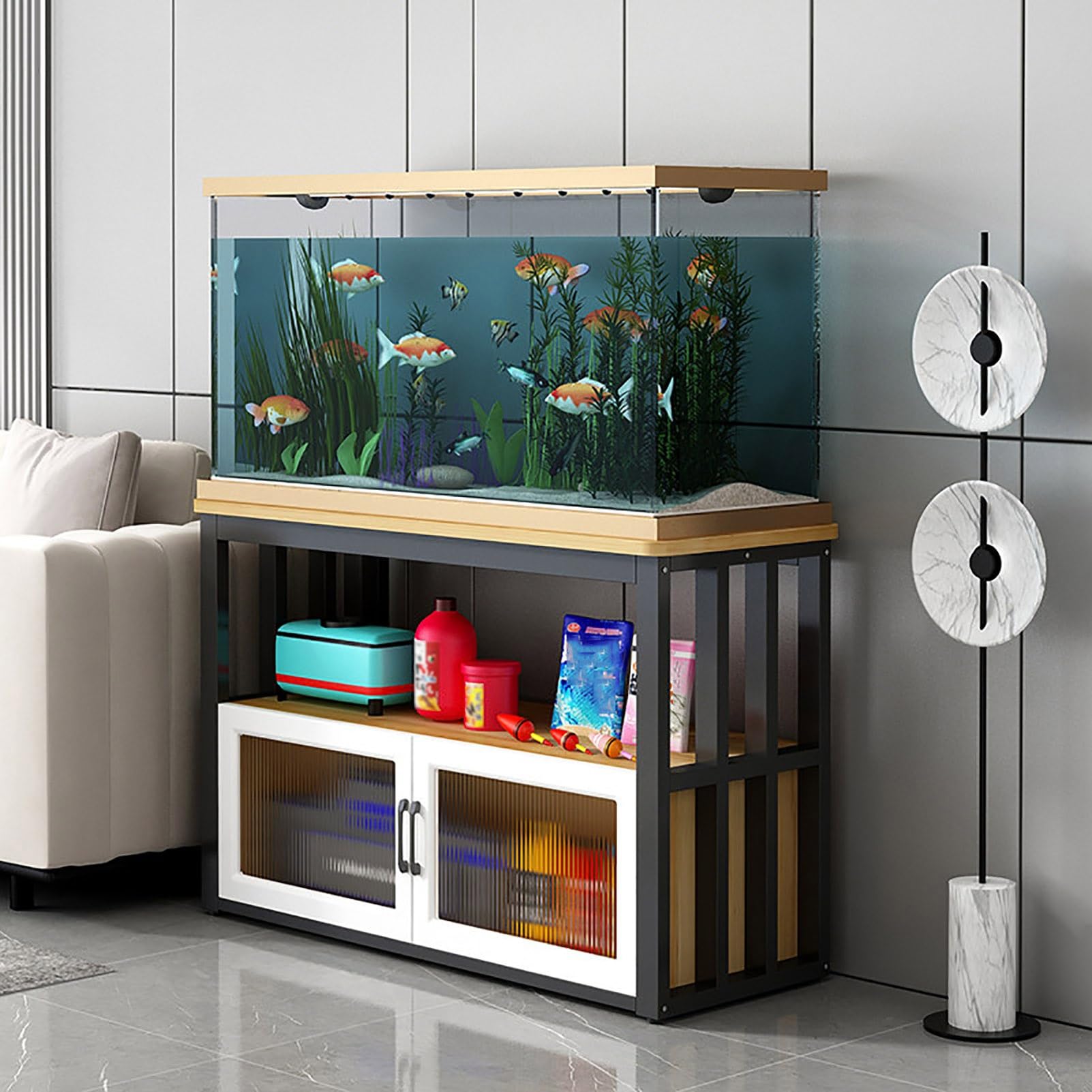 Aquarium-Ständer mit Schrankaufbewahrung, 3-stöckig, Metall-Aquariumständer, 300 kg Kapazität, Reptilien-Tankständer für Wohnzimmer, Schlafzimmer, Büro (grau + schwarzer Rahmen, 100 x 50 x 80 cm)