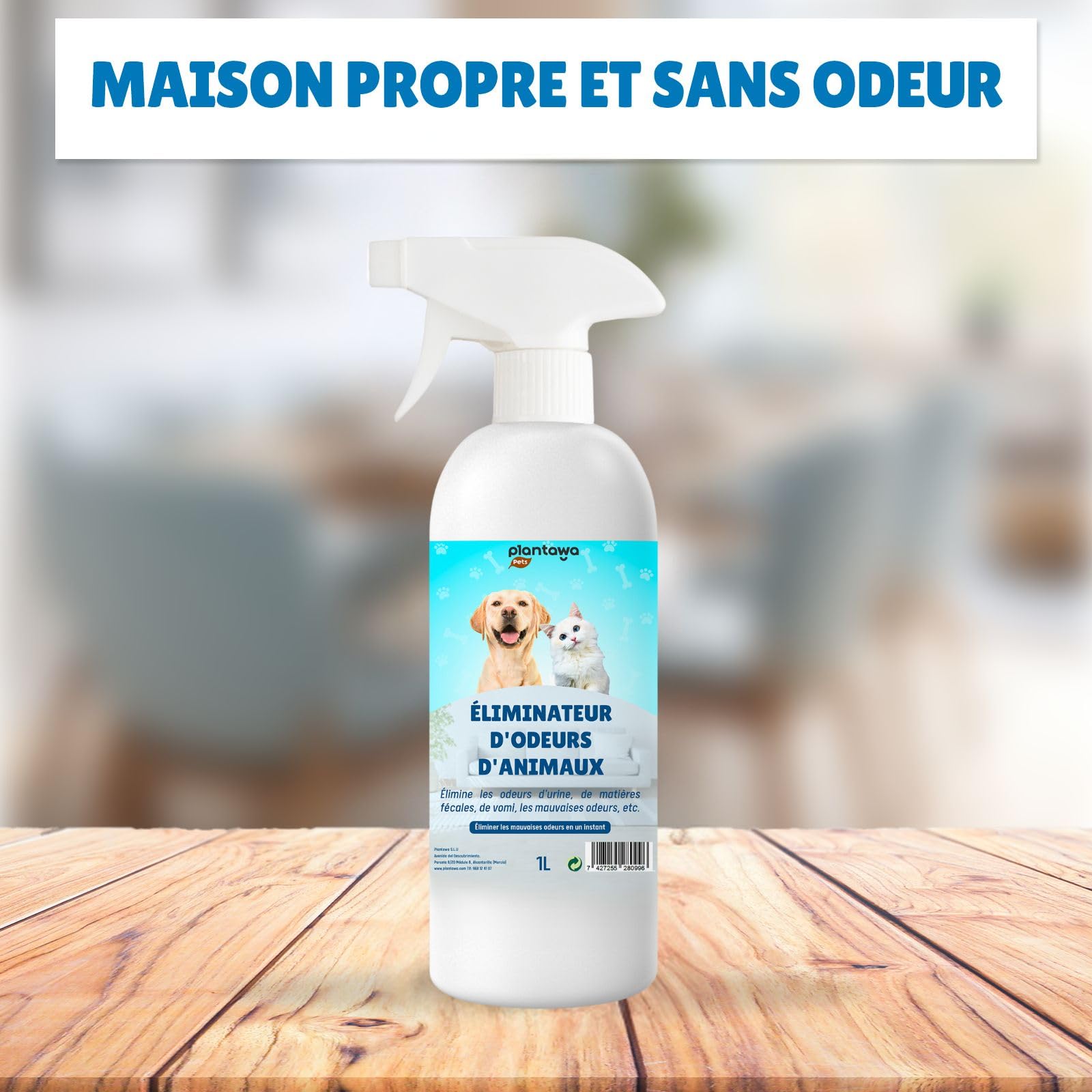 PLANTAWA Éliminateur instantané d'odeurs d'animaux domestiques 1 l. Neutraliseur Enzymatique Odeurs Urine Fèces Vomissements. Intérieur et extérieur, Patio Jardin. Anti Odeur Urine Chiens Chats.