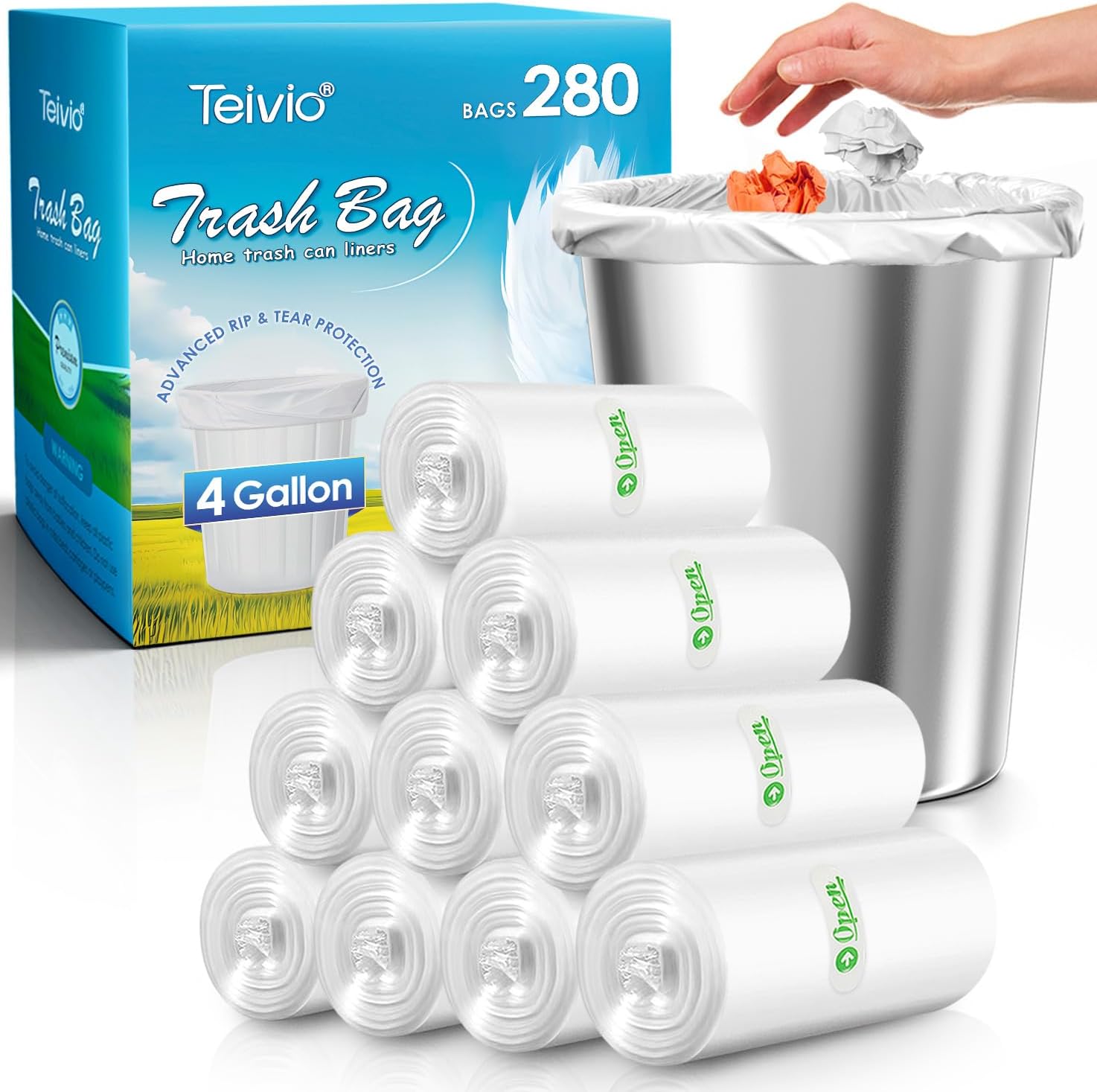 Amazon.com: Teivio 4 Gallon 280 Counts Strong Clear Trash Bags Garbage ...