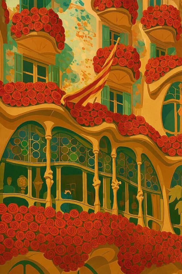 Póster de Barcelona y Casa Batlló con rosas para crear un rincón mediterráneo en tu despacho