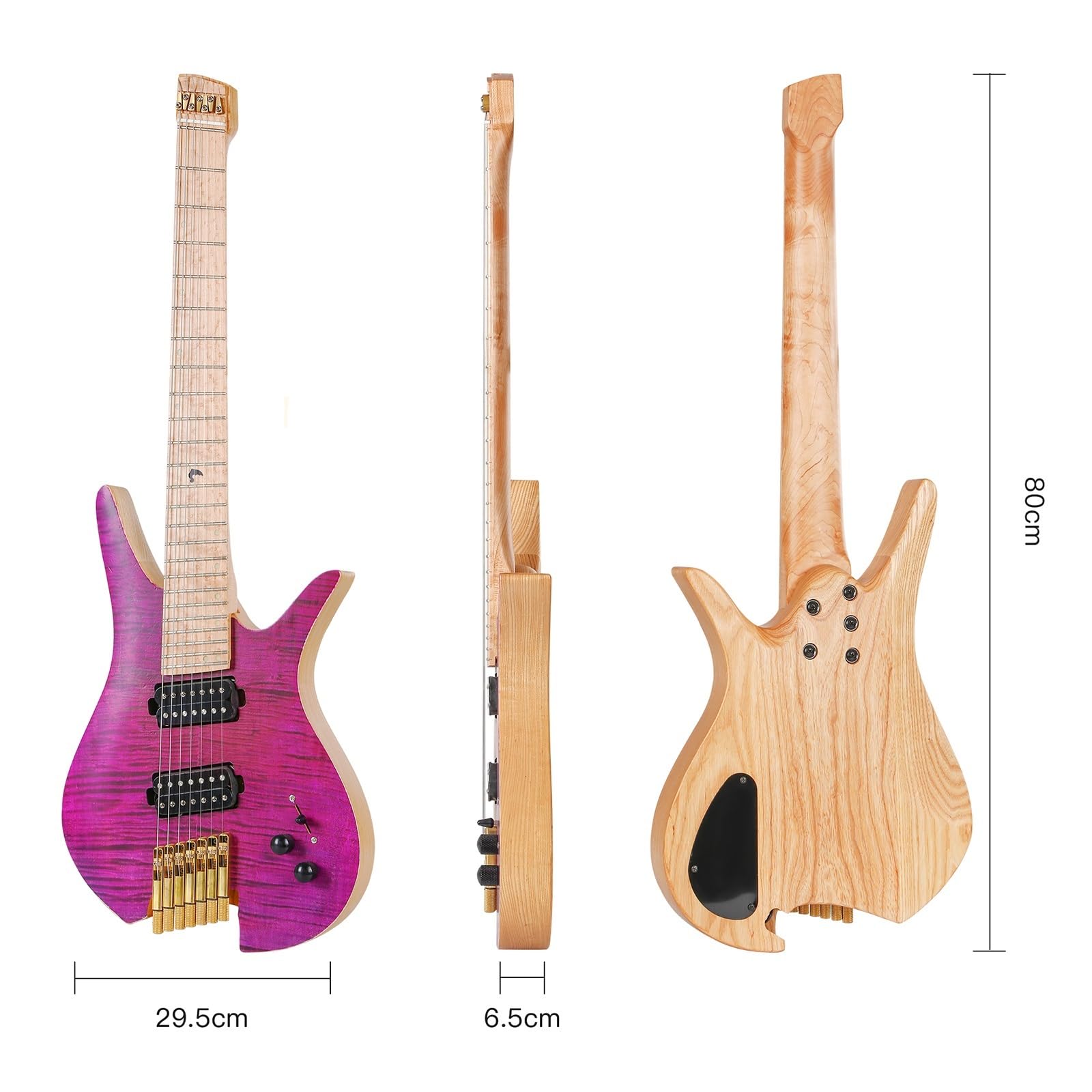 7-strunowa, bezgłowa elektryczna gitara podróżna ze stali nierdzewnej, drewno jesionowe z okleiną z klonu płomienistego Początkujący Bezgłowy Gitara Elektryczna