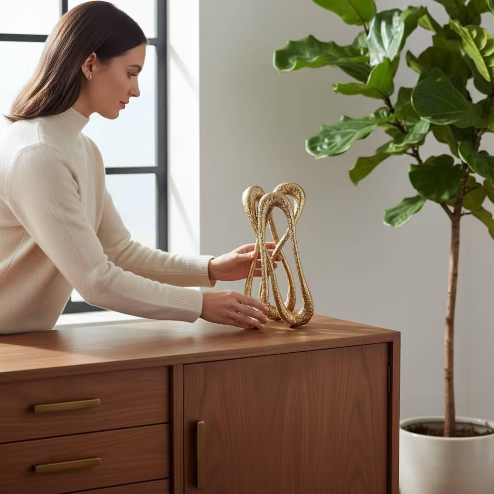 Sculpture Décorative Morne en Métal avec Boucle Artistique et Socle Rectangulaire Stable pour Décoration Intérieure Bureau Salon