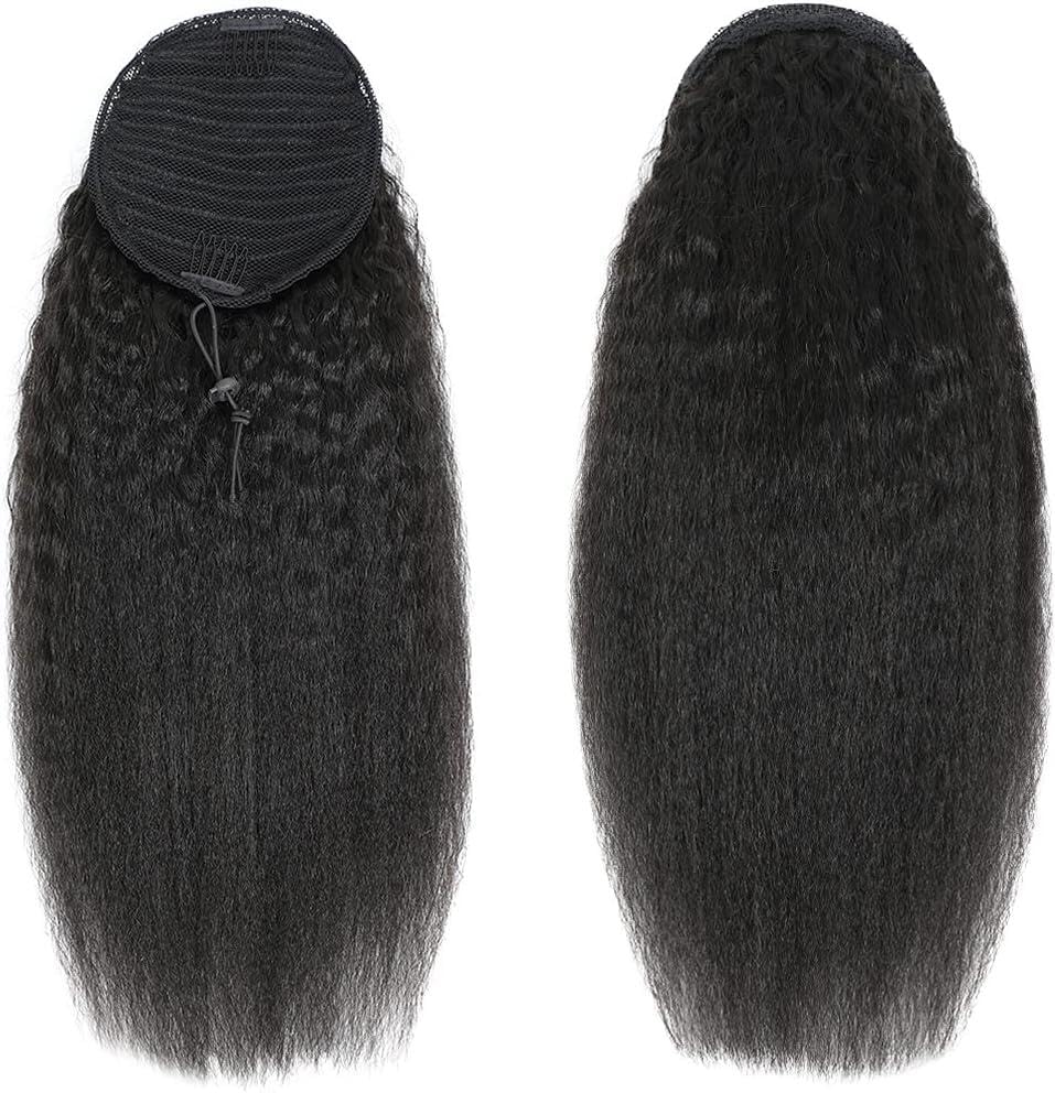 Datanala Kinky Straight Ponytail Extensions Human Hair Drawstring Ponytail Extension Brazilian Remy Kinky Straight Human Hair Ponytail Clip in Hair Extensions Nature Black Color (20Inch) - Image 2