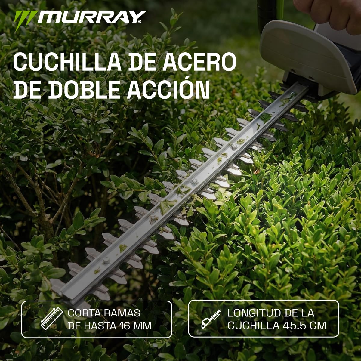 Murray Cortasetos Inalámbrico 20V MU-BAT-HT45-KIT – Cortasetos sin Cable con Cuchilla de Acero de 45,5 cm – Doble Interruptor de Seguridad, Corte 16 mm – 1550 RPM para Setos Precisos