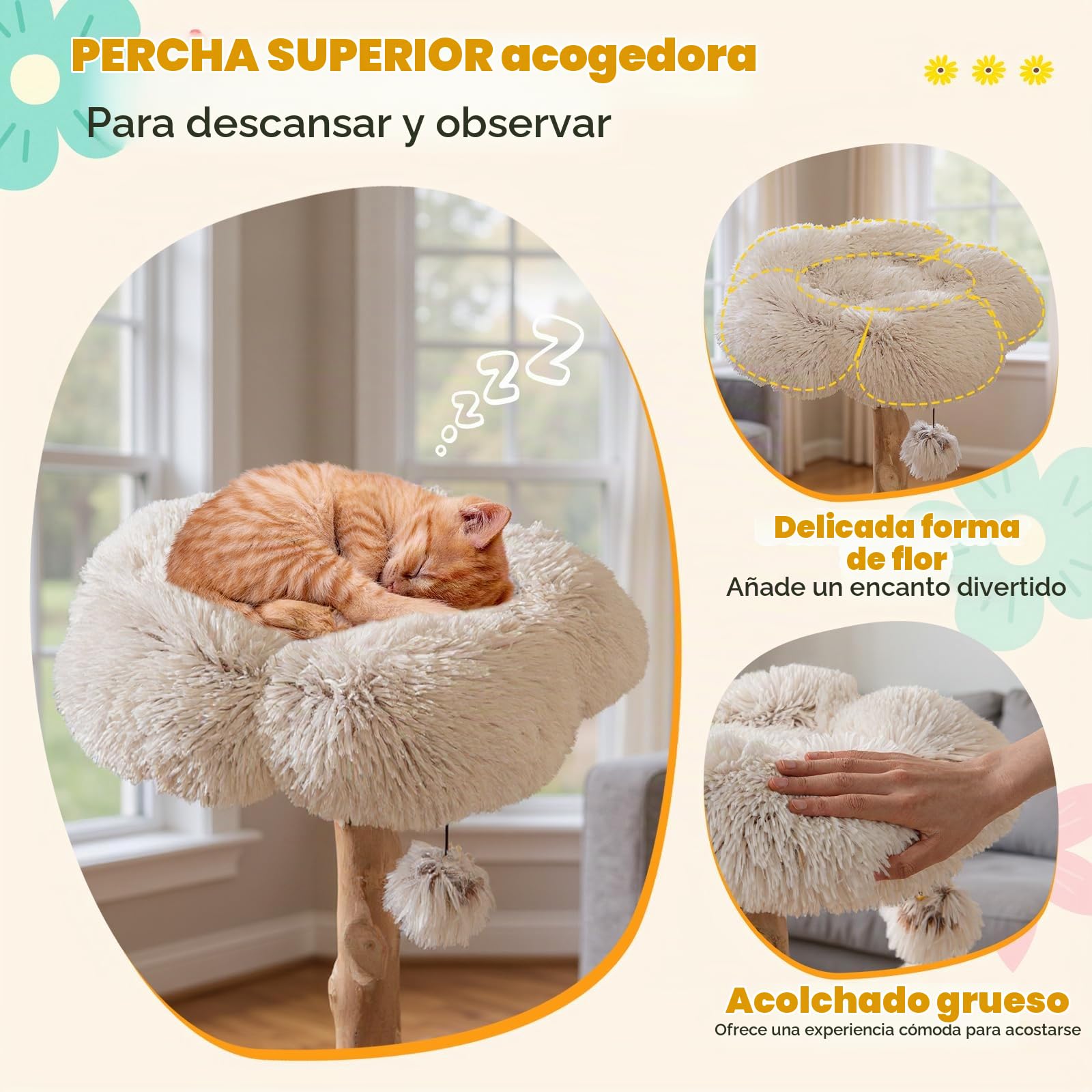 COSTWAY Rascador para Gatos, Árbol para Gatito Moderno de Madera Maciza, 122 cm Torre Gatos Rascador con Plataforma Forma de Flores, 2 Nidos con Cojines, Poste de Yute, Bola Colgante, Blanco y Natural