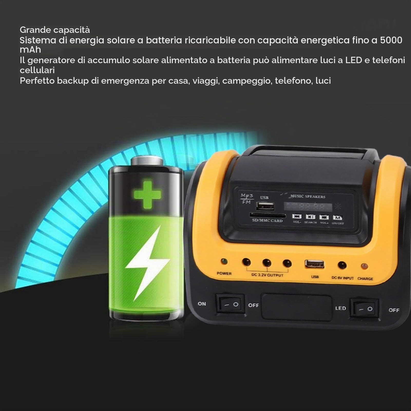 Stazione di Alimentazione Portatile, Generatore da Campeggio 5000mAh con Pannello Solare e Display LED Digitale, Ricarica Rapida Multifunzione