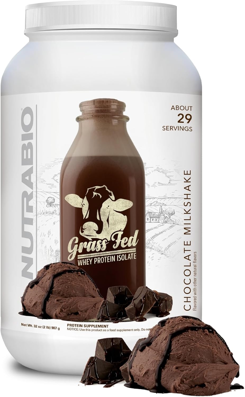 NutraBio Grass Fed Whey Isolate Protein Powder - 25G of Protein Per Scoop - Sugar Free Natural Lean Muscle Protein Supplement - Chocolate - 2 Pounds, 29 Servings