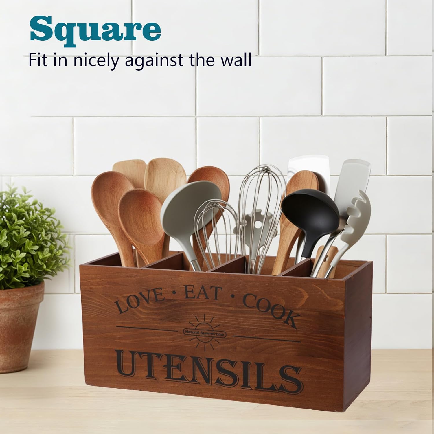 2 PC Wooden Utensil Holder,（With 4-Compartments size*1 + 3-Compartments size*1） Extra Large Kitchen Counter,Cooking Spatula Organizer,Farmhouse Decor, Rustic Cooking Utensil