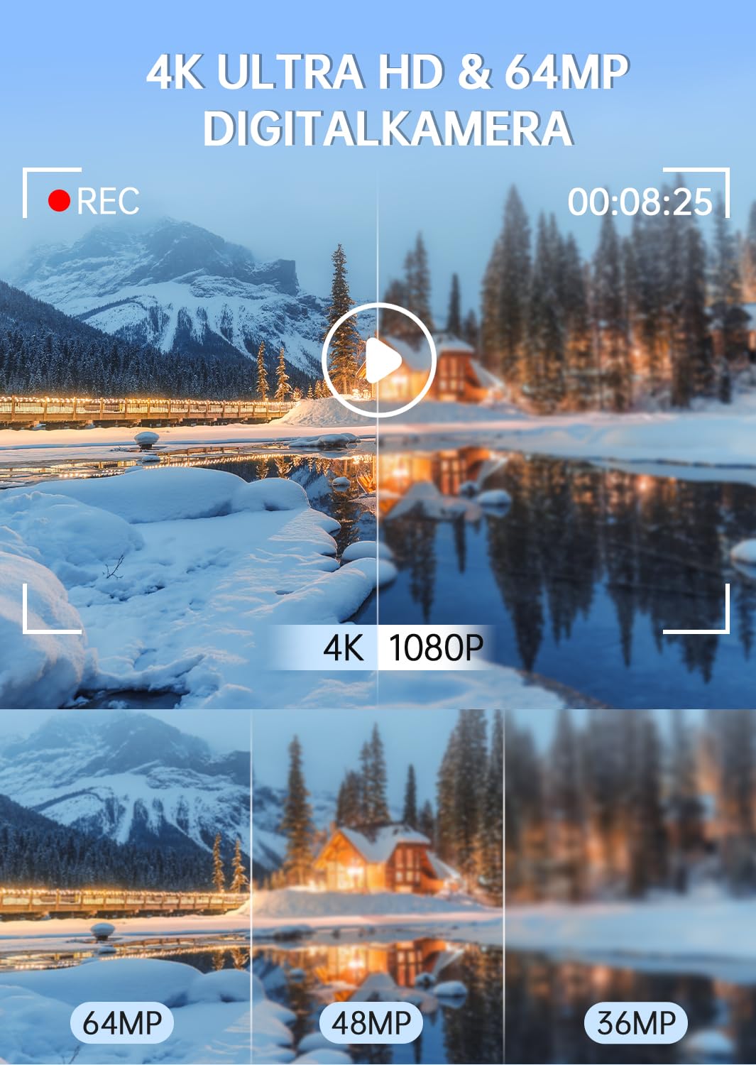 Digitalkamera 4K 64 MP, Dual-Display 18X Digitalzoom, Mini-Kompaktkamera für Vlogging (tragbar), inkl. 2 Akkus, ideal für Kinder, Teenager, Schüler, Anfänger