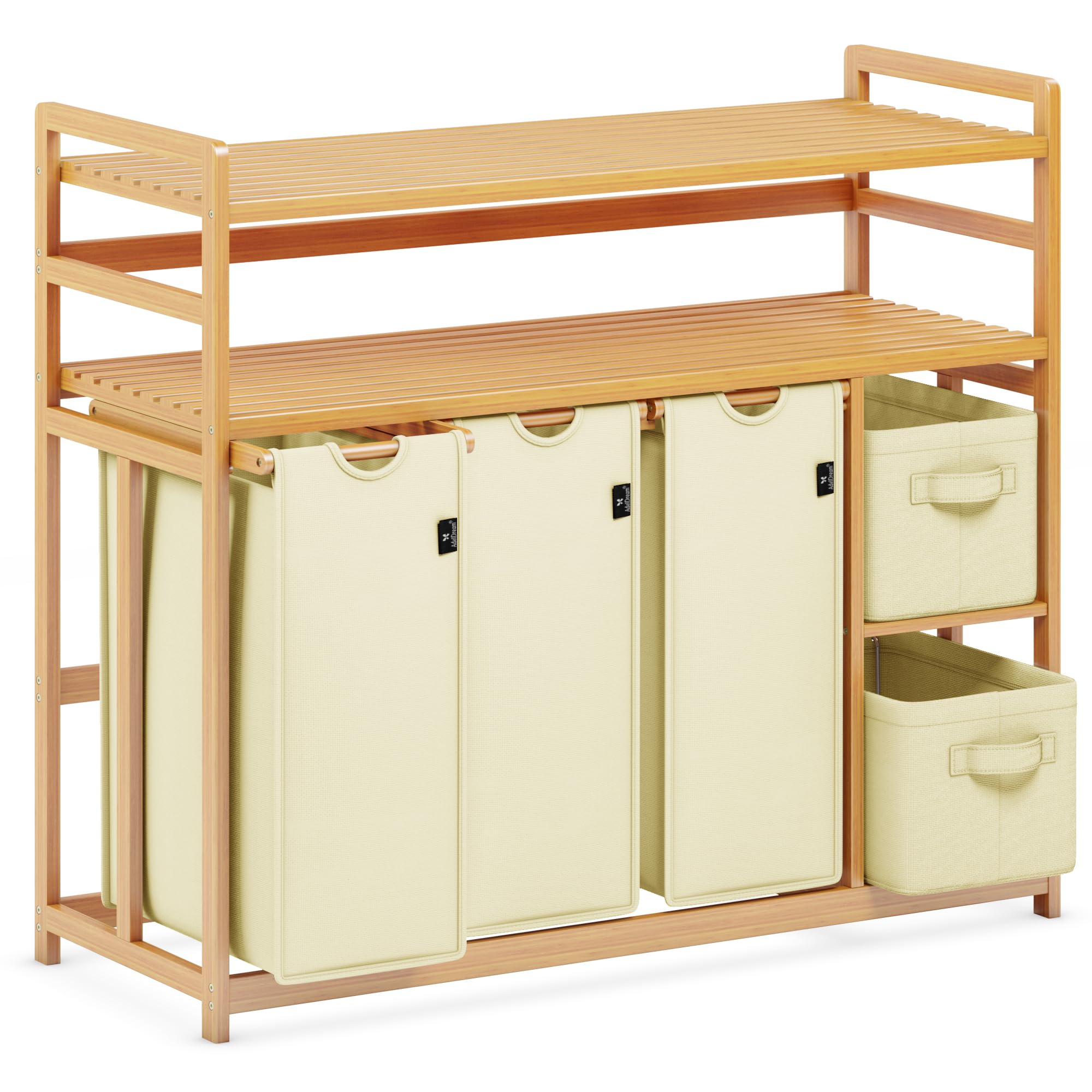 ADEL DREAM Wäschekorb 5 Fächer 2 Regale Wäschesammler 190L Wäscheboxen Mit Korb Wäschesortierer mit 3 Wäschesäcken & 2 Stoffboxen Wäschesack Bambus Wäscheregal Wäschebox Laundry basket Beige