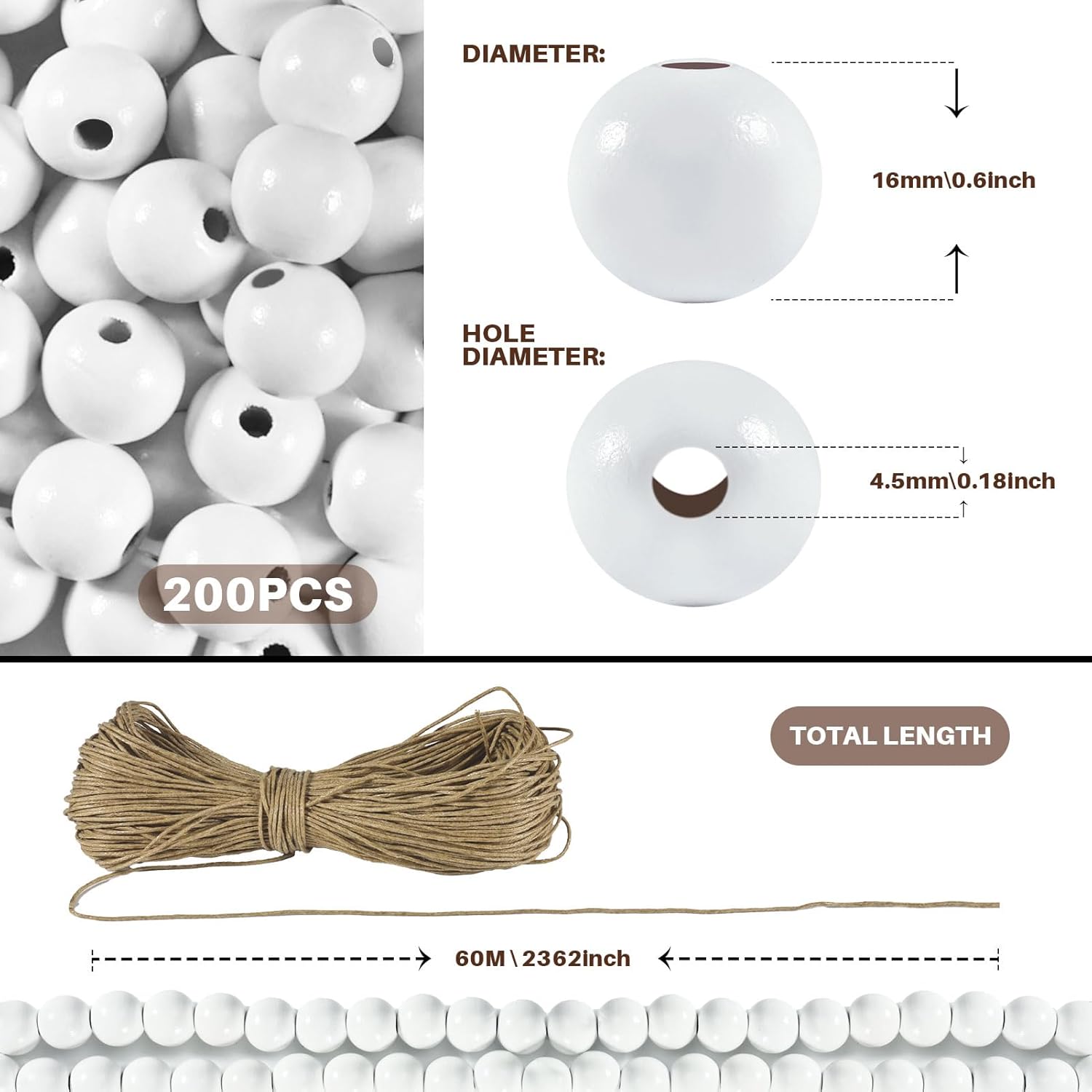 16mm YIPLED 200pcs Christmas Wooden Beads for Crafts with 10m Hemp Rope, Round White Wooden Loose Beads for Jewelry DIY Making, Garland Making and Home Decorations - Image 2