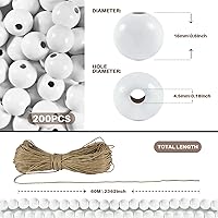 Vista 2 de 200 cuentas de madera de Navidad de 0.63 pulgadas para manualidades con cuerda de cáñamo de 3.9 pies, cuentas sueltas redondas de madera blanca