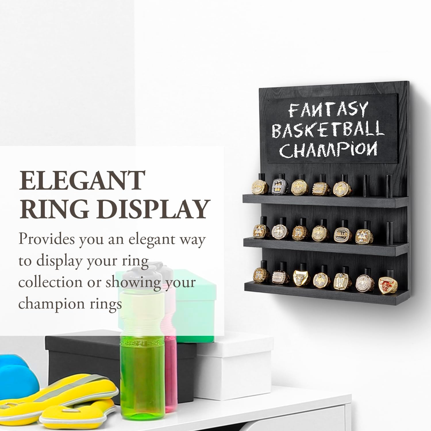 MyGift Wall Mounted Vintage Coal Black Solid Wood 21-Peg Sports Championship Ring Holder, 3 Tier Wooden Jewelry Organizer Display Shelf with Chalkboard Sign, Holds 21 Rings